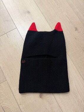 Black Knit Balaclava with Red Horns